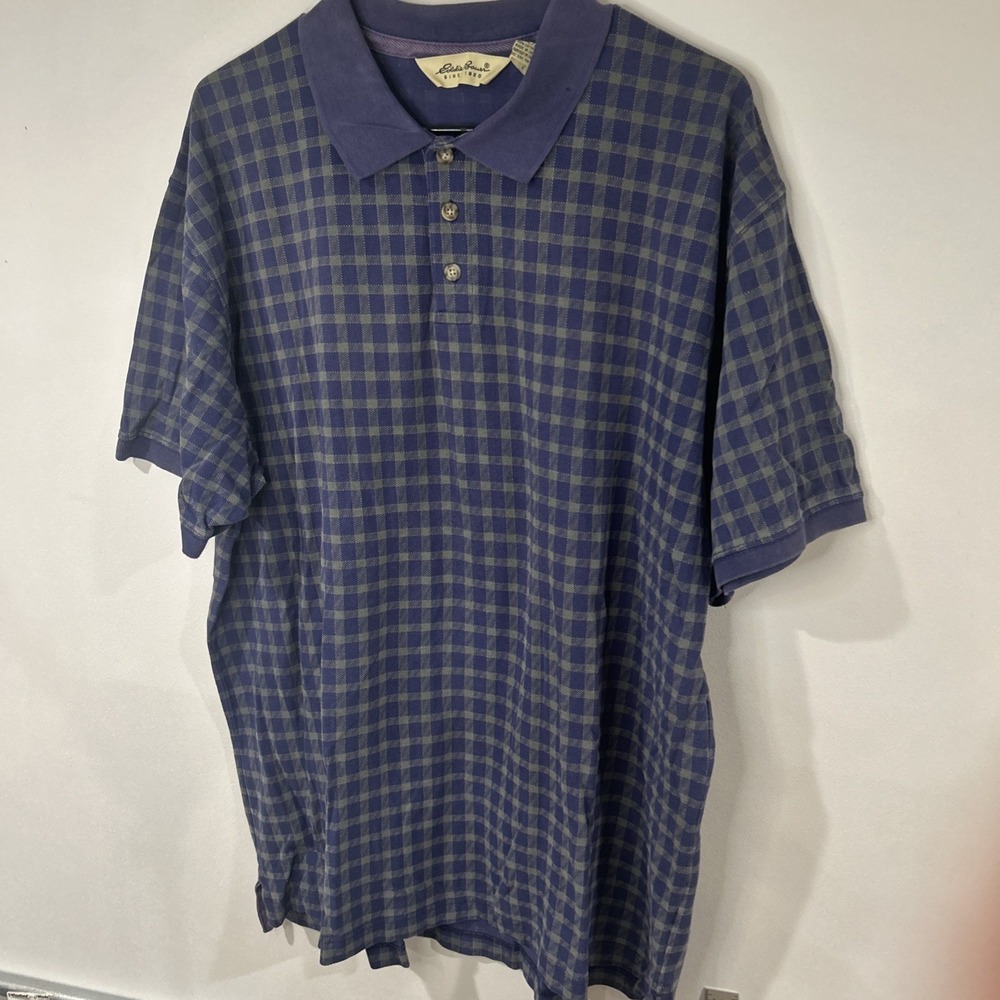 Eddie Bauer Mens XL Tall Blue Checkered Cotton Short Sleeve Polo  Vintage (017)